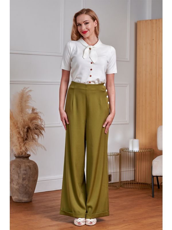 Ottavia 40s Classic Trousers With Buttons On Side-Olive