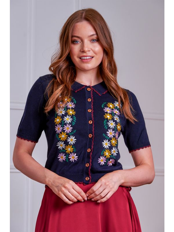 Banned Retro 50s Penny Flower Cardigan-Navy