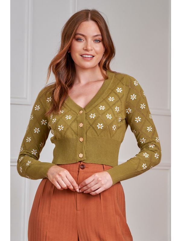Banned Retro 50s Fearn Flower Cardigan-Green