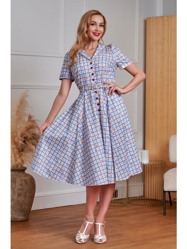 Banned Retro 50s Bella Cherry Check Swing Full Circle Dress-Blue