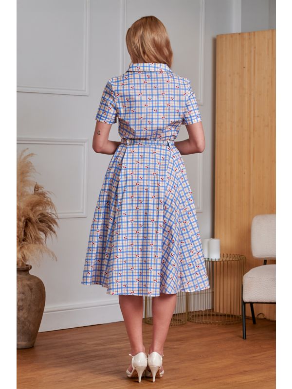 Banned Retro 50s Bella Cherry Check Swing Full Circle Dress-Blue