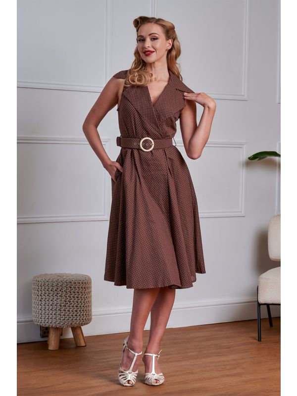 Banned Retro 50s Sky Polka Wrap Dress-Brown