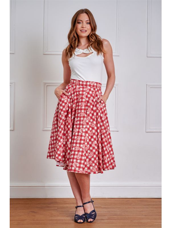 1950's Banned Retro Cary Check And Bow Skirt-Red