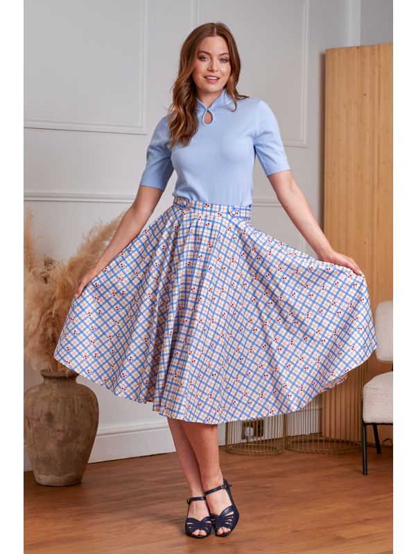 1950's Banned Retro Annie Cherry Check Skirt-Blue