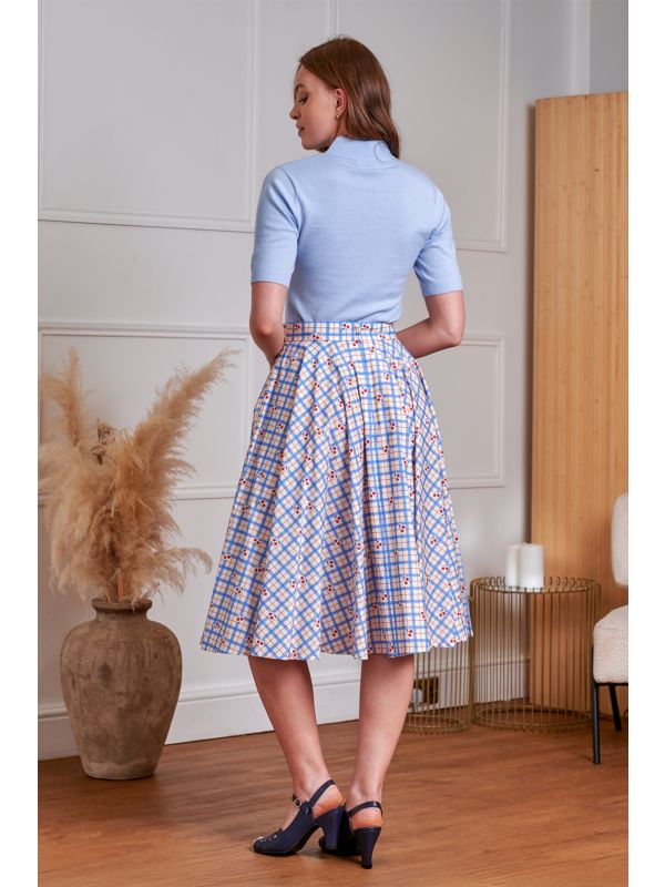 1950's Banned Retro Annie Cherry Check Skirt-Blue