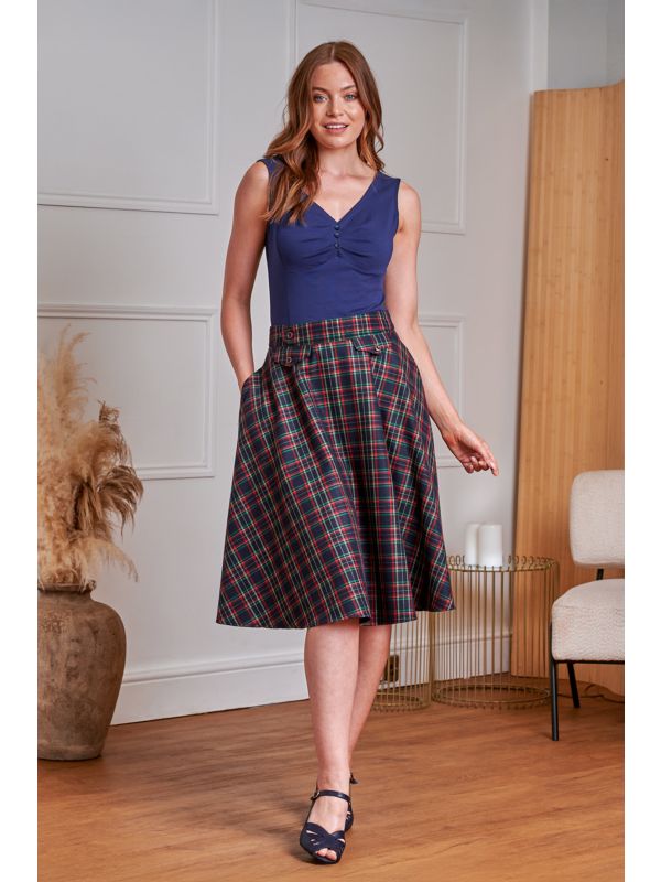 BANNED RETRO BOOK CLUB PLAID Swing Skirt With Button And Flap Details.-Navy