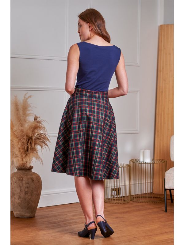 BANNED RETRO BOOK CLUB PLAID Swing Skirt With Button And Flap Details.-Navy