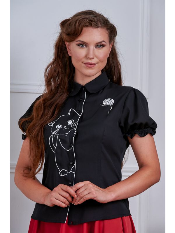 Banned Retro Adorable Cat Embroidered Puff-Sleeve Blouse-Black