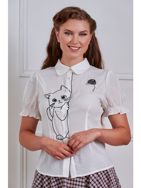 Banned Retro Adorable Cat Embroidered Puff-Sleeve Blouse-White