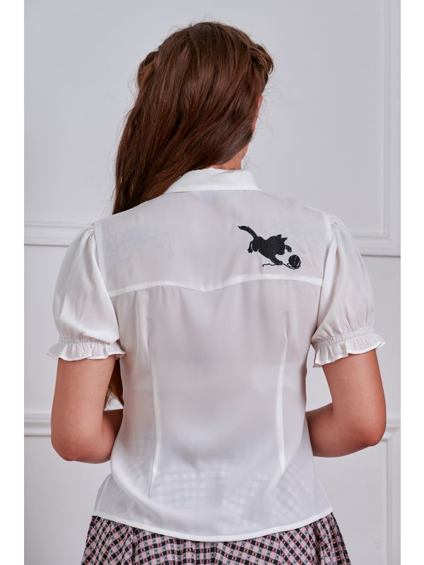 Banned Retro Adorable Cat Embroidered Puff-Sleeve Blouse-White