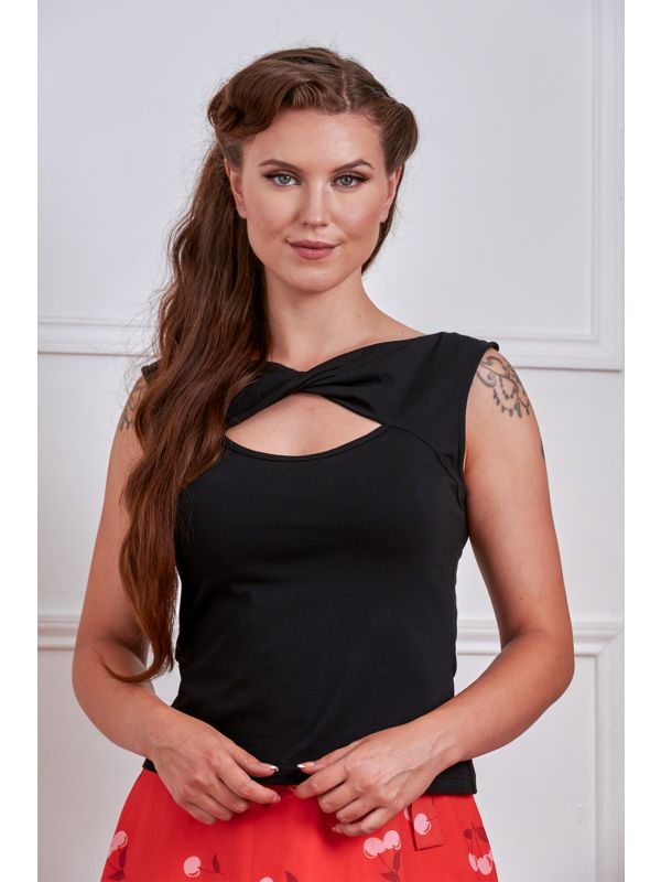 Vintage-Inspired 1950s Sleeveless Twist-Front Top-Black