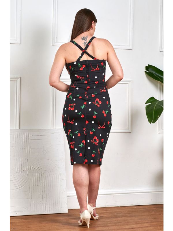 Banned Retro 50s Tullia Cherries And Bows Pencil Dress-Black