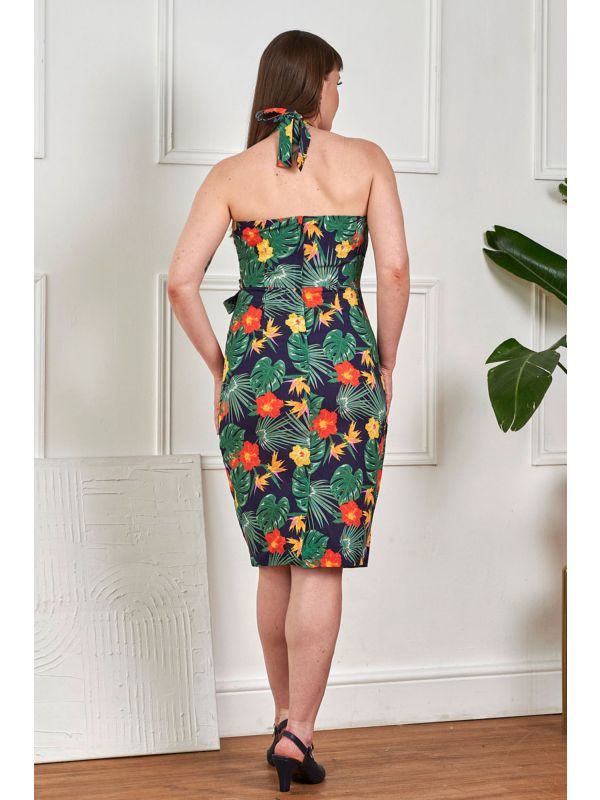 Banned Retro 50s Evie Tropical Summer Sarong Pencil Dress-Navy