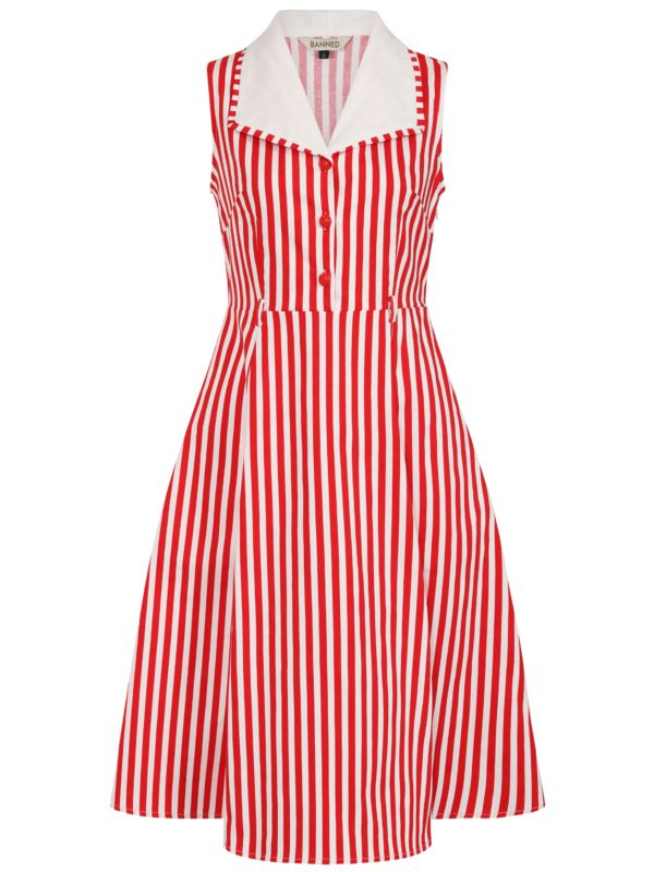 Banned Retro 50s Genevieve Swing Striped Dress-Red