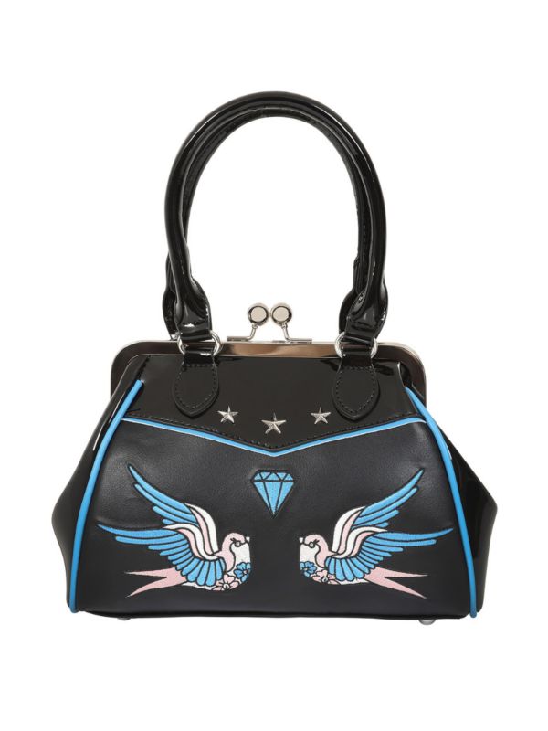 BANNED The Swallows Return Lacquer Handbag | Rockabilly Embroidered Style-Black-One Size