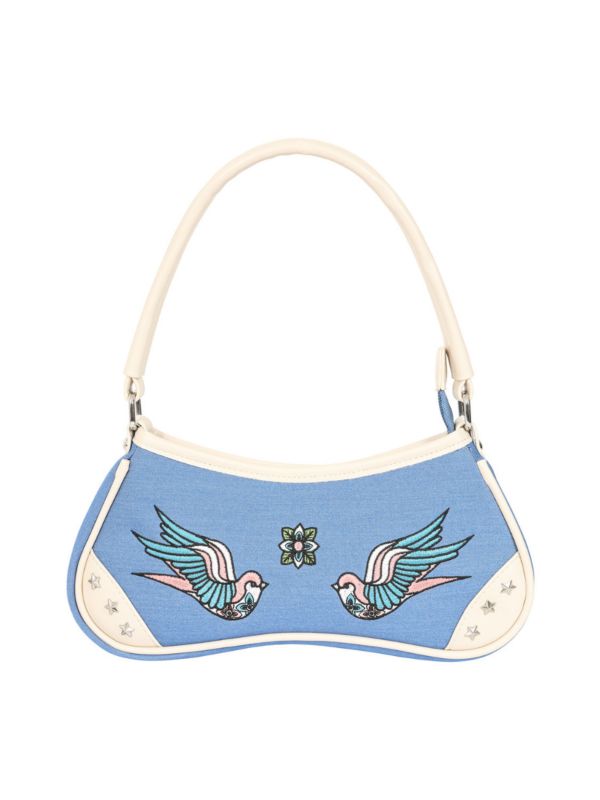 BANNED Marilou Swallow Denim Handbag | Rockabilly Embroidered Style-Blue-One Size