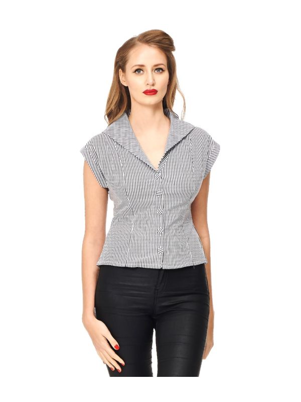 Banned Retro 1950's Willows Collar Stripe Rita Blouse Black & White