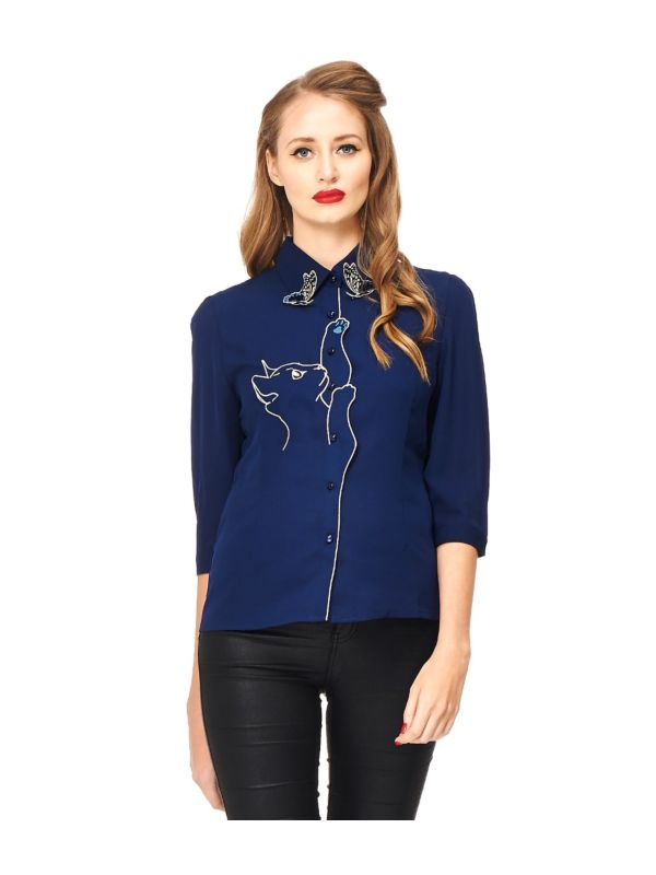 Banned Retro Snow Bird Cat Thelma Blouse Night Blue
