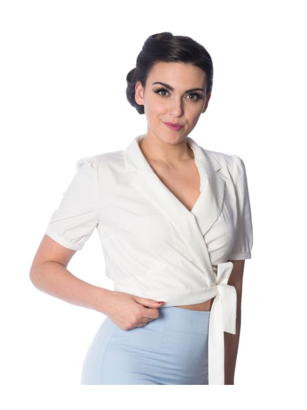 Banned Retro Happy Days Tie Up Crop Top Wrap Blouse Off White