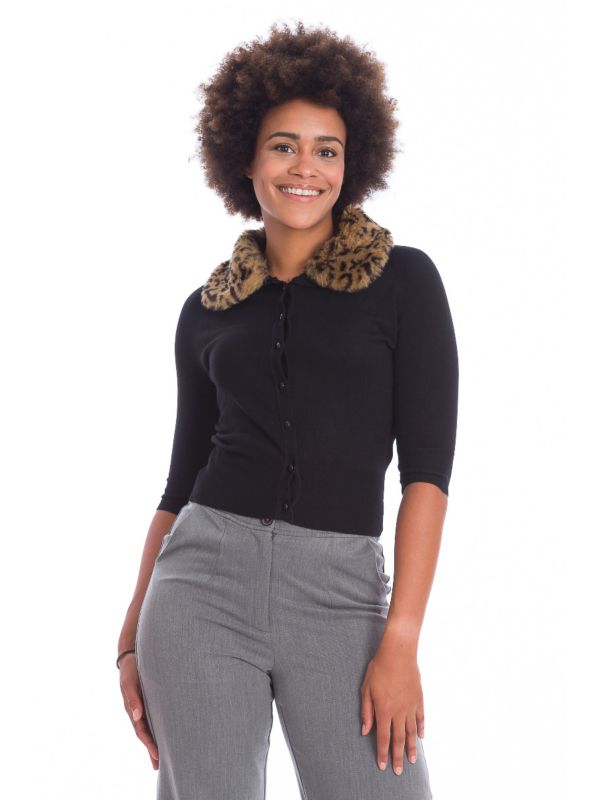 Banned Retro 1950's Leopard Faux Fur Vintage Anita Cardigan Black