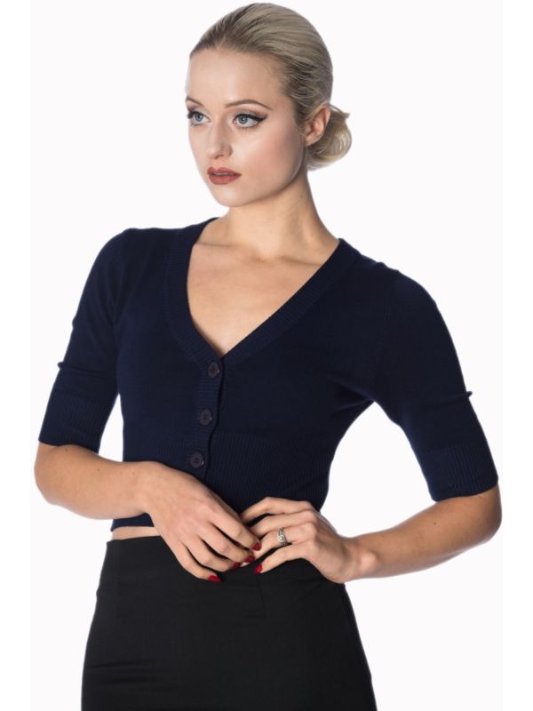 Banned Retro 1950's Overload V-Neck Cropped Vintage Cardigan Night Blue