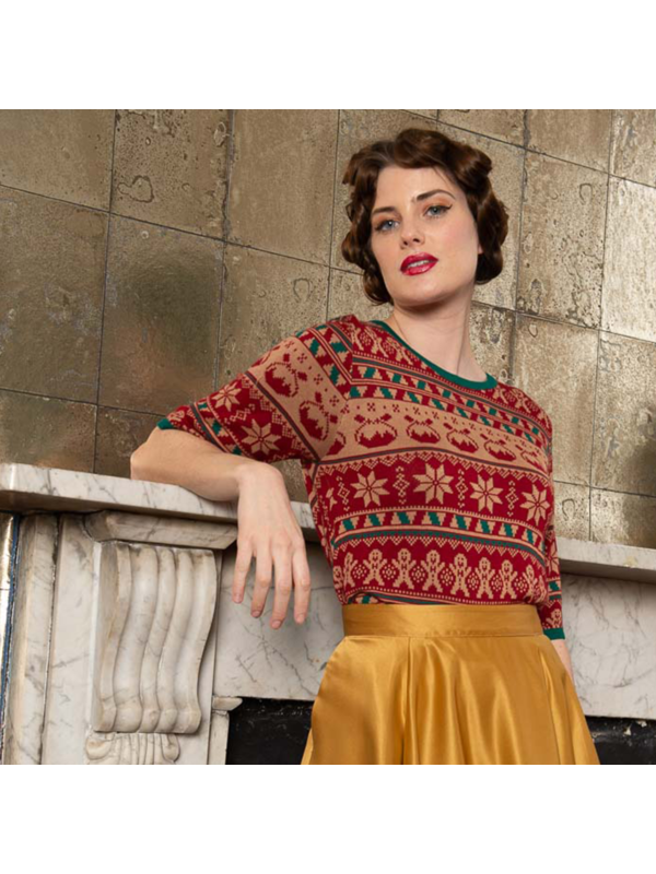 Banned Retro 1950's Christmas Pud Jacquard Vintage Ruby Jumper Brown