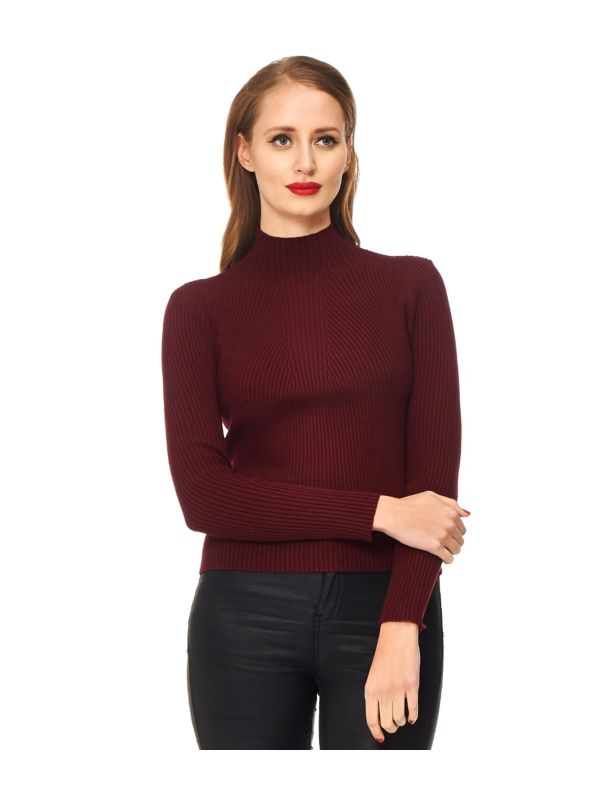 Banned Retro Let's Tango Polo Neck Ribbed Vintage Knit Top Burgundy