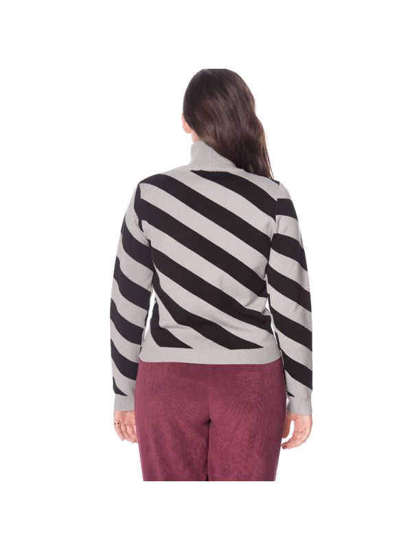 Banned Retro 80s Diagonal Stripe Turtle Neck Knit Vintage Top Grey