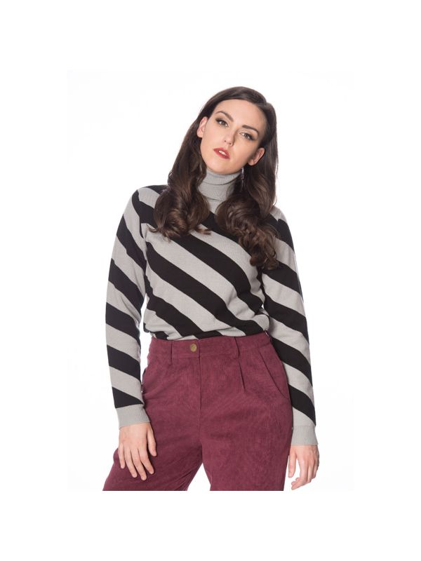 Banned Retro 80s Diagonal Stripe Turtle Neck Knit Vintage Top Grey