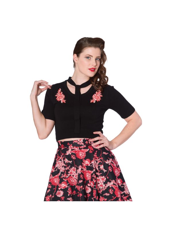 Banned Retro 1950's Winter Flower Tie Neck Knit Vintage Top Black