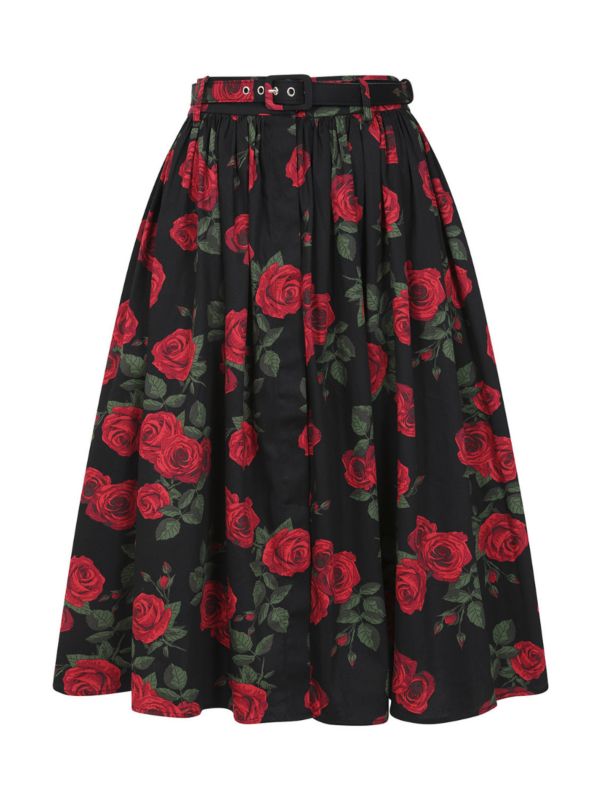 Banned Millie Rose Garden Circle Skirt - Retro Style Floral Swing Skirt with Belt-Black