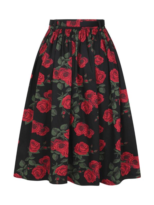 Banned Millie Rose Garden Circle Skirt - Retro Style Floral Swing Skirt with Belt-Black