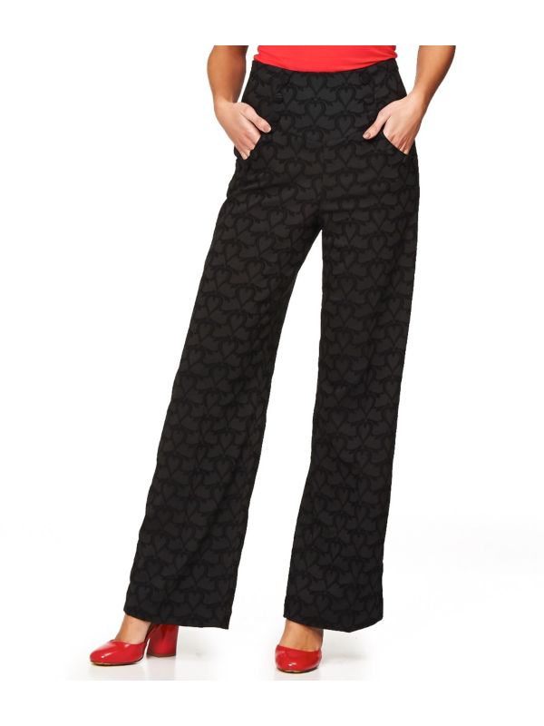 Banned Retro 1950's Fantasy Island Jacquard Hearts Vintage Wide Leg Trouser Black