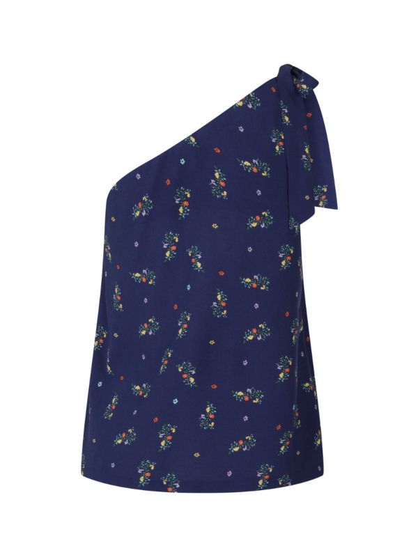 Banned Retro 70's Spring Sprig A-Symmetric Floral Vintage Top Navy