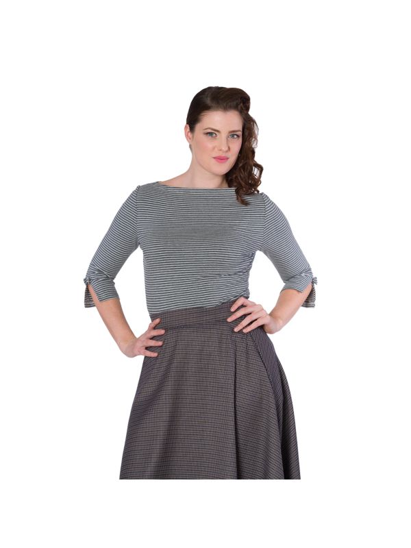 Banned Retro 1950's Simply Stripe Nautical Boat Neck Vintage Dorothy Top Grey