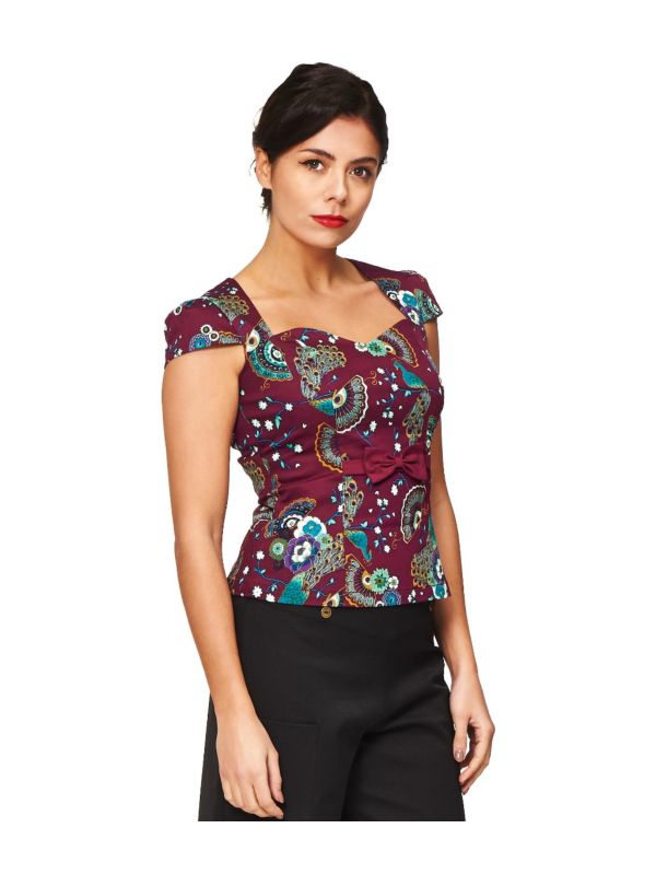 Banned Retro 1950's Frankie Peacock Floral Top Bordeaux