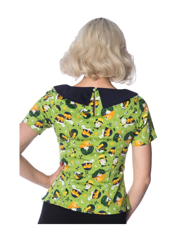 Banned Retro 20's Vintage Hat Art Deco Print Top Green