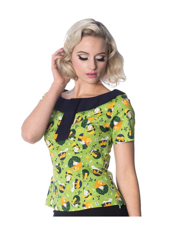 Banned Retro 20's Vintage Hat Art Deco Print Top Green