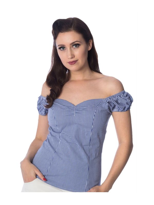 Banned Retro 1950's Summer Loving Gingham Check Off Shoulder Vintage Top Navy