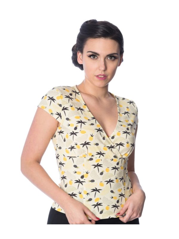 Banned Retro Palm Shade Pineapple Vintage Wrap Top Cream Yellow