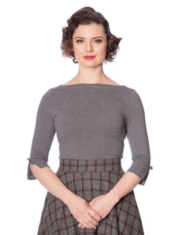 Banned Retro 1950's Oonagh Basic Boat Neck Vintage Dorothy Top Grey Mol