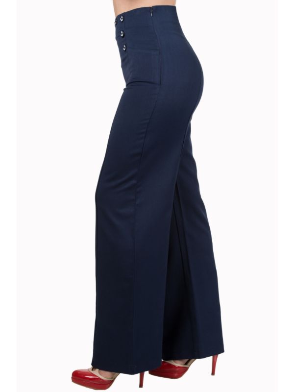 Banned Retro 1950's Stay Awhile Anchor Nautical Elizabeth Vintage Wide Leg Trouser Navy