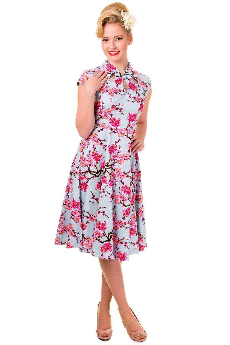banned retro dresses Banned Retro 1950's Last Dance Cherry Blossom Mandarin Collar Keyhole  Vintage Daisy Fit & Flare Dress Blue