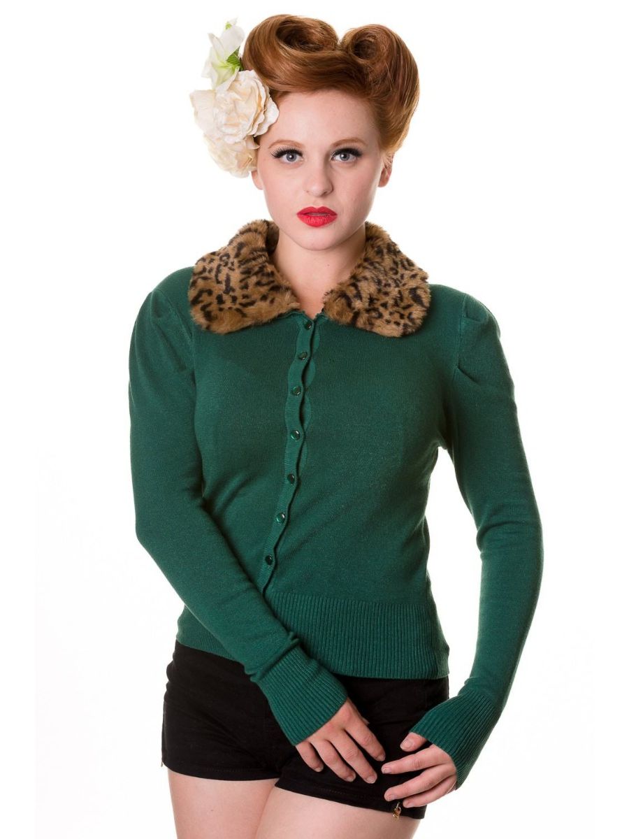 Banned Retro 1950's Faux Fur Leopard Detachable Collar Anita Vintage Rockabilly Cardigan Forest Green