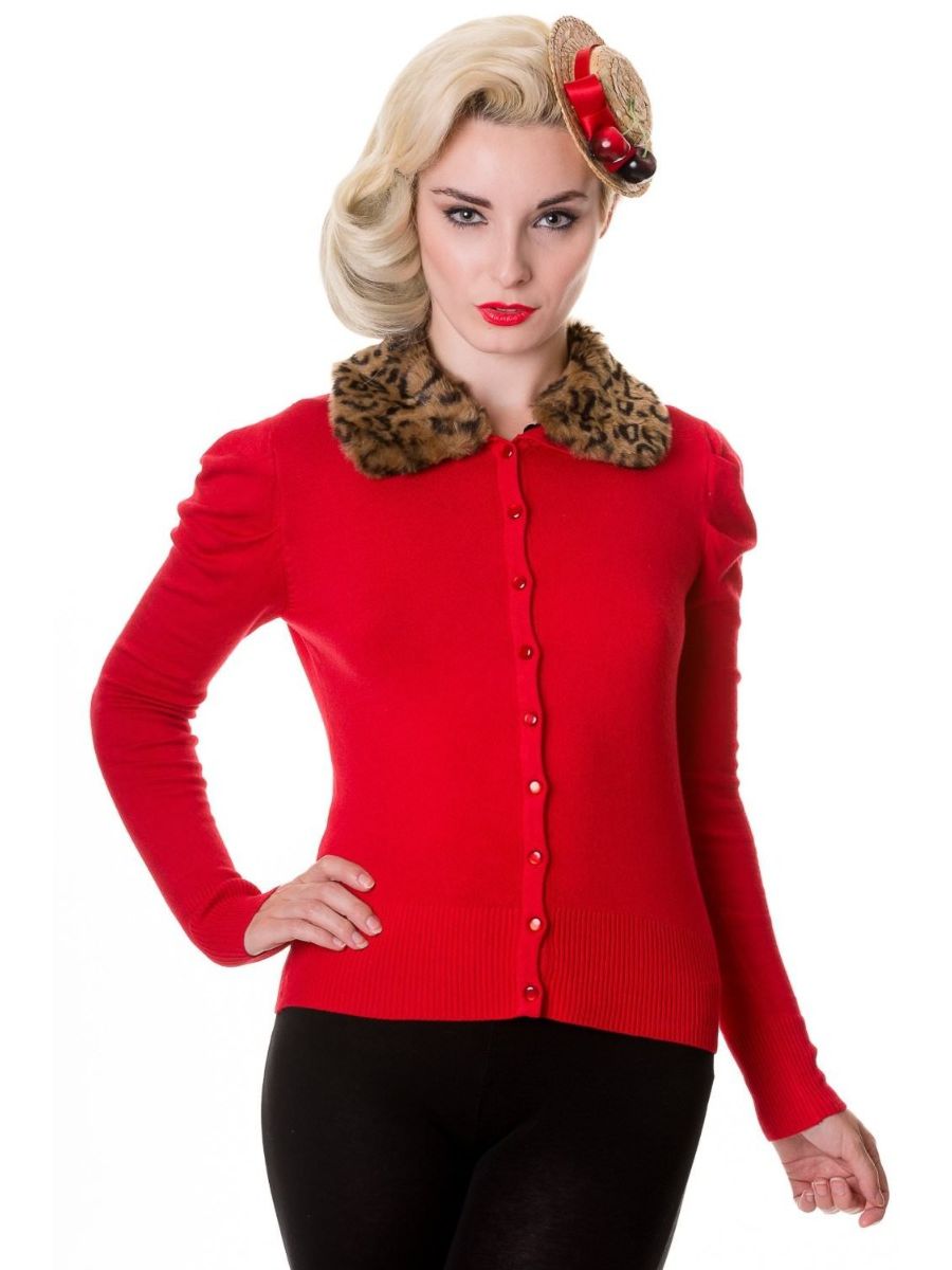 Banned Retro 1950's Faux Fur Leopard Detachable Collar Anita Vintage Rockabilly Cardigan Red