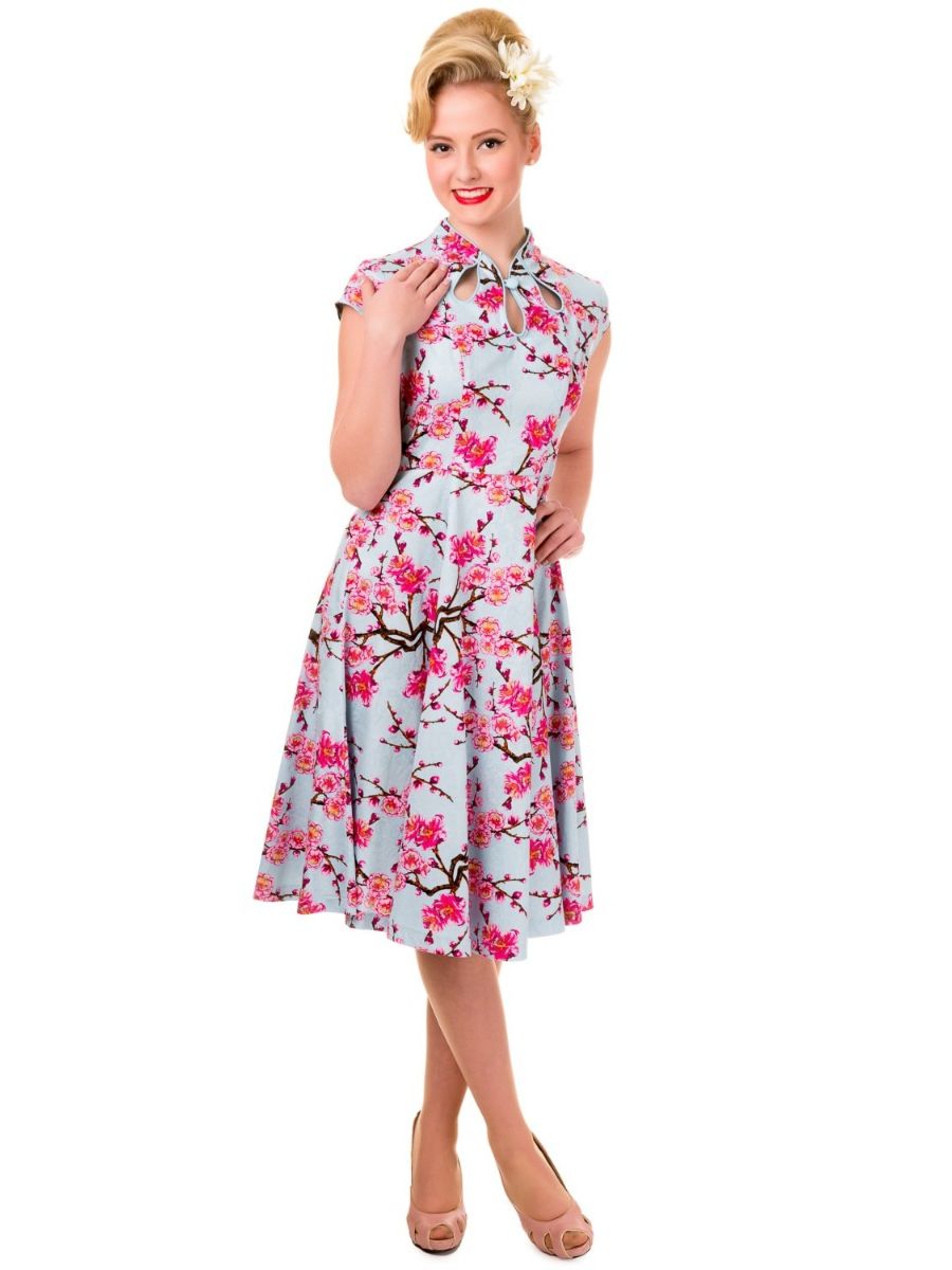 Banned Retro 1950's Last Dance Cherry Blossom Mandarin Collar Keyhole Vintage Daisy Fit & Flare Dress Blue