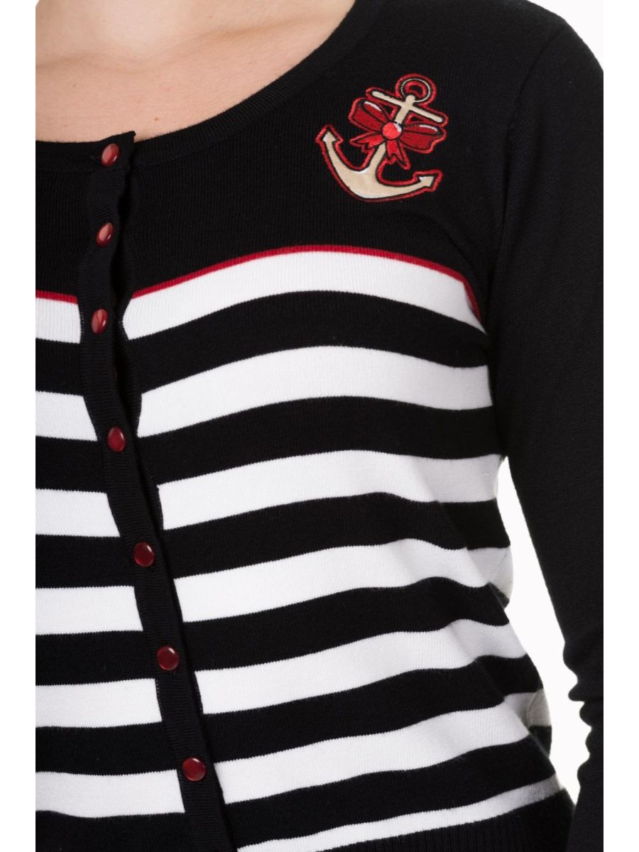 Banned Retro 1950's Private Party Rockabilly Nautical Anchors Stripe Gina Vintage Cardigan Black White