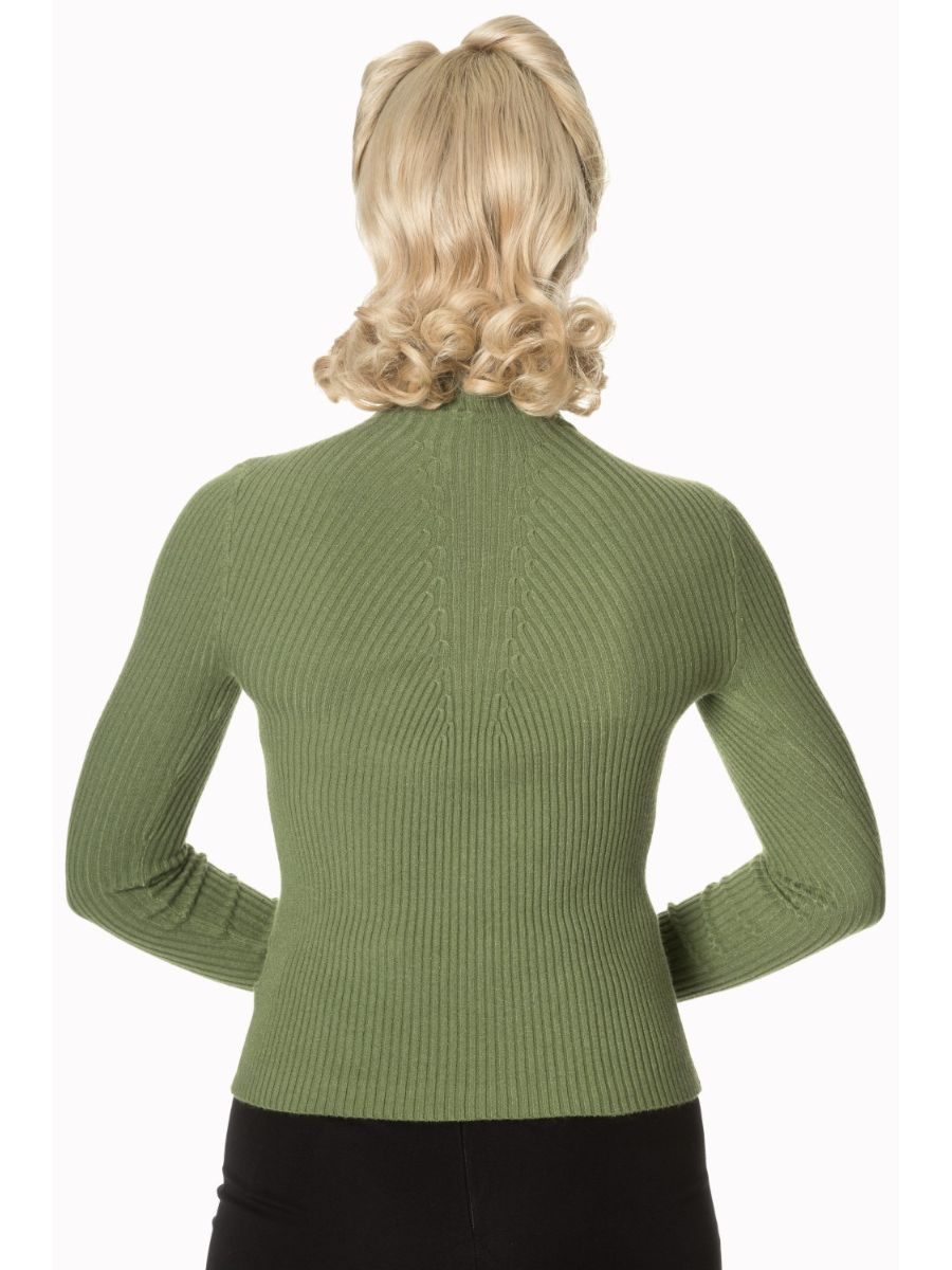 Banned Retro Let's Tango Polo Neck Ribbed Vintage Knit Top Olive
