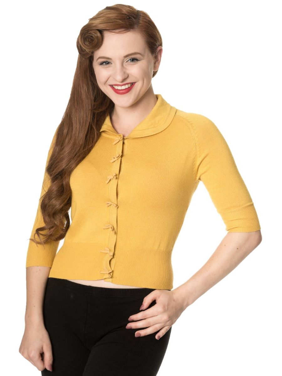 Banned Retro 1950's April Short Sleeve Bow Vintage Anita Cardigan Mustard Yellow