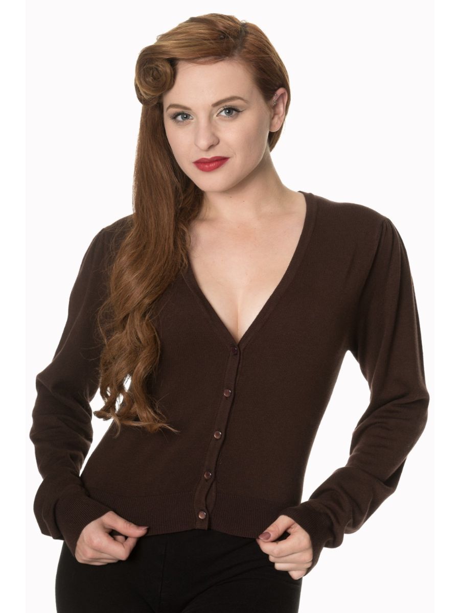Banned Retro 1950's Little Luxury Cropped V-Neck Vintage Cardigan Brown